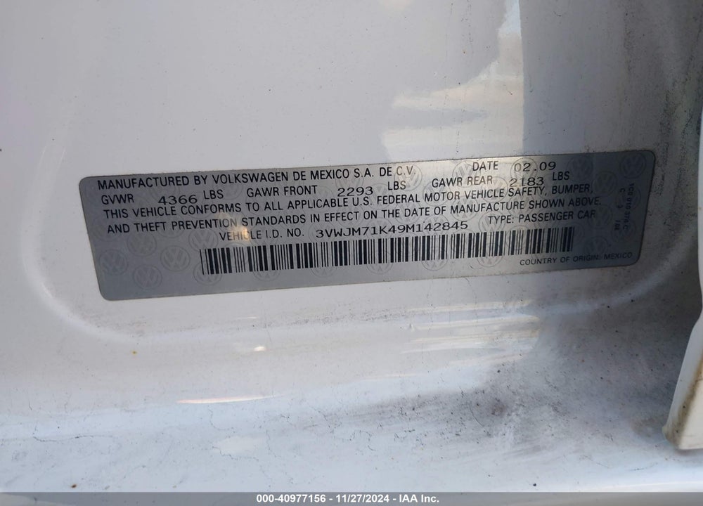 2009 VOLKSWAGEN JETTA S VIN: 3VWJM71K49M142845