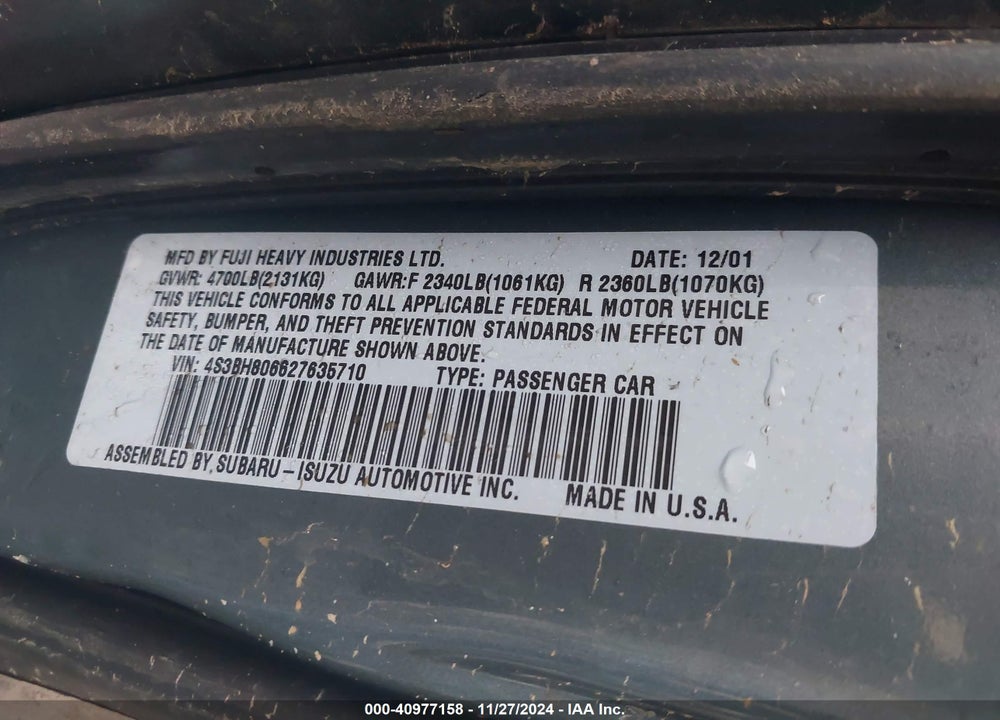 2002 SUBARU OUTBACK H6-3.0 L.L. BEAN EDITION VIN: 4S3BH806627635710