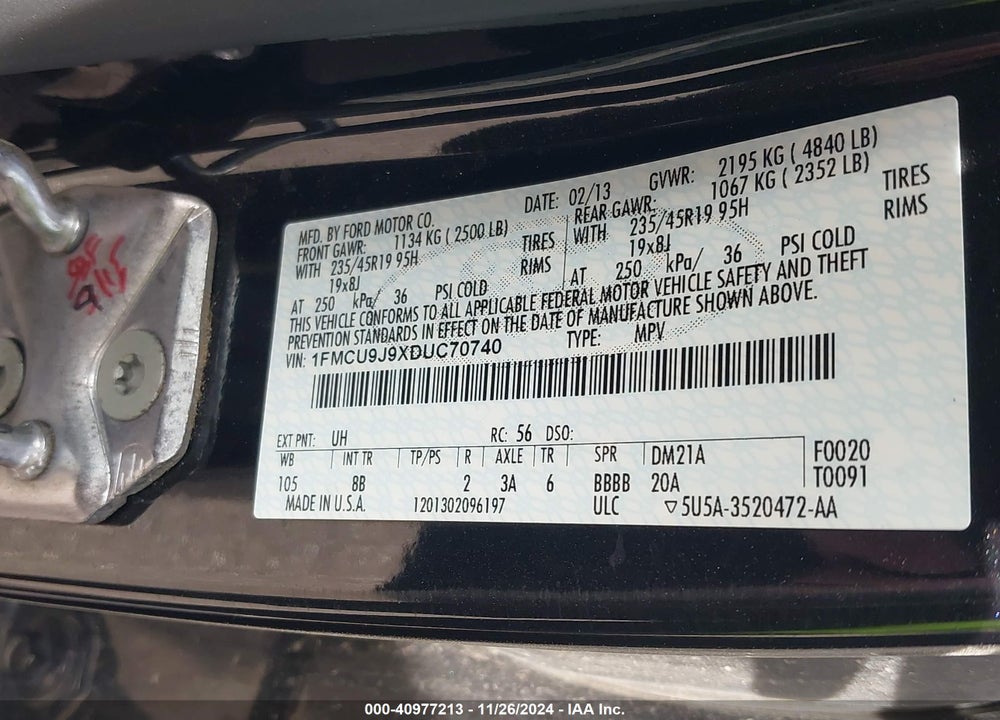 2013 FORD ESCAPE TITANIUM VIN: 1FMCU9J9XDUC70740