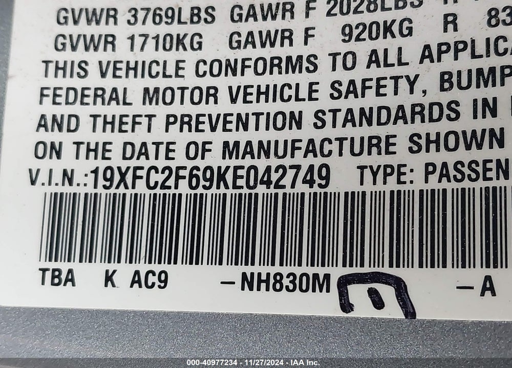 2019 HONDA CIVIC VIN: 19XFC2F69KE042749