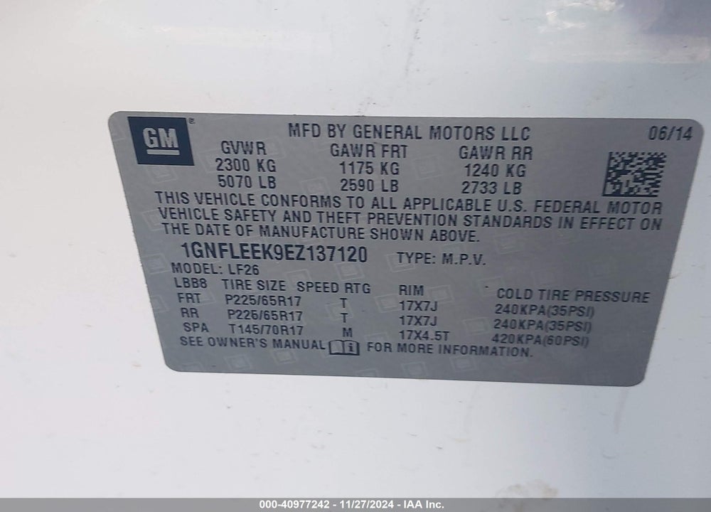 2014 CHEVROLET EQUINOX LS VIN: 1GNFLEEK9EZ137120