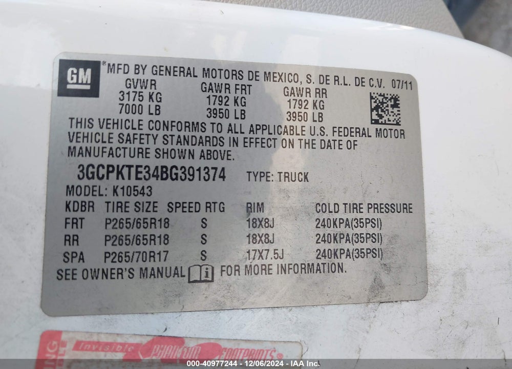 2011 CHEVROLET SILVERADO 1500 LTZ VIN: 3GCPKTE34BG391374