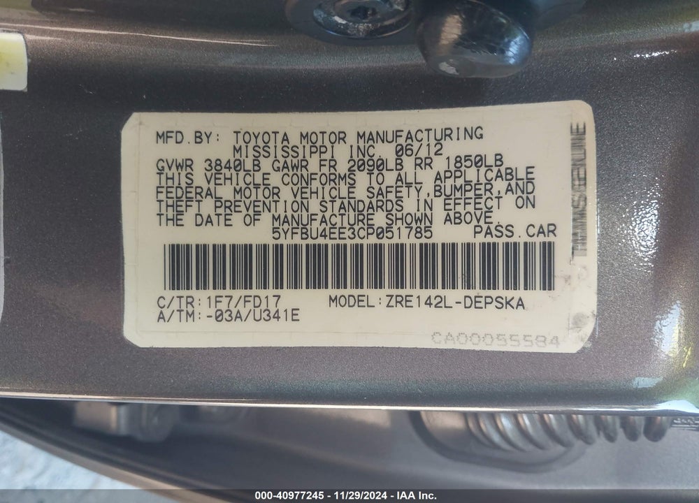 2012 TOYOTA COROLLA S VIN: 5YFBU4EE3CP051785