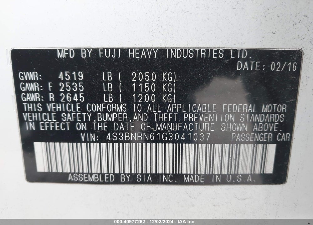 2016 SUBARU LEGACY 2.5I LIMITED VIN: 4S3BNBN61G3041037