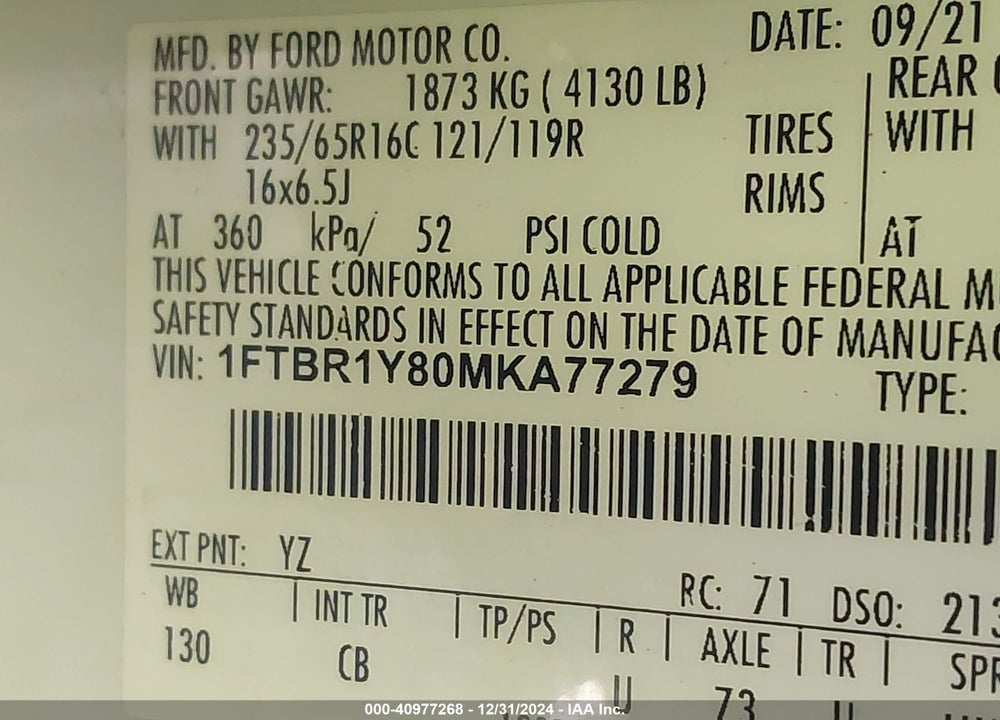 2021 FORD TRANSIT-250 VIN: 1FTBR1Y80MKA77279