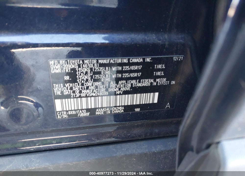 2021 TOYOTA RAV4 XLE VIN: 2T3P1RFV5MW248099