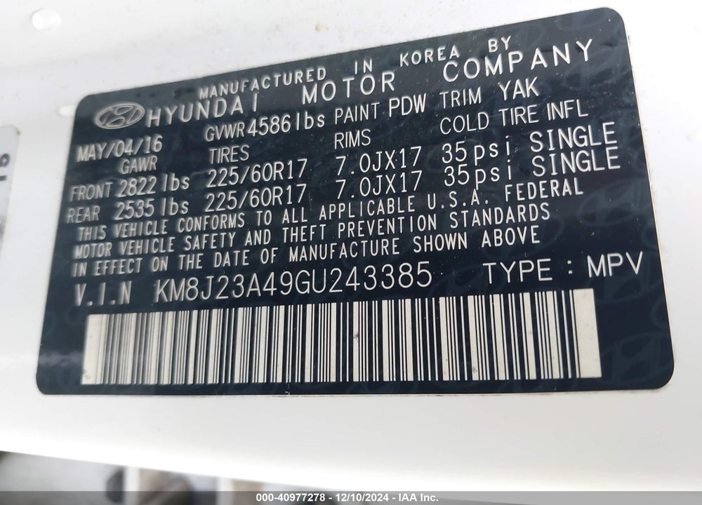 2016 HYUNDAI TUCSON SE VIN: KM8J23A49GU243385
