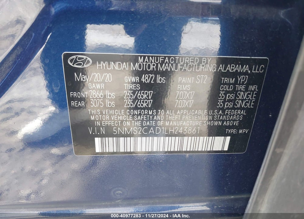 2020 HYUNDAI SANTA FE SE VIN: 5NMS2CAD1LH243861