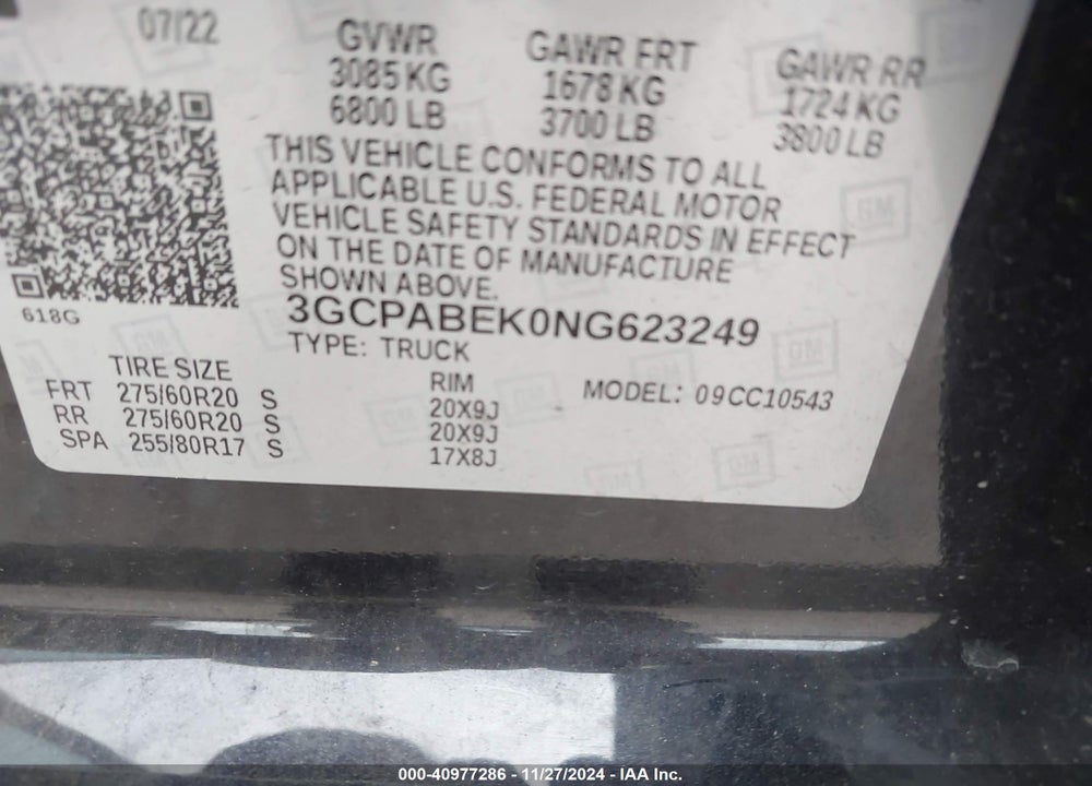 2022 CHEVROLET SILVERADO 1500 VIN: 3GCPABEK0NG623249
