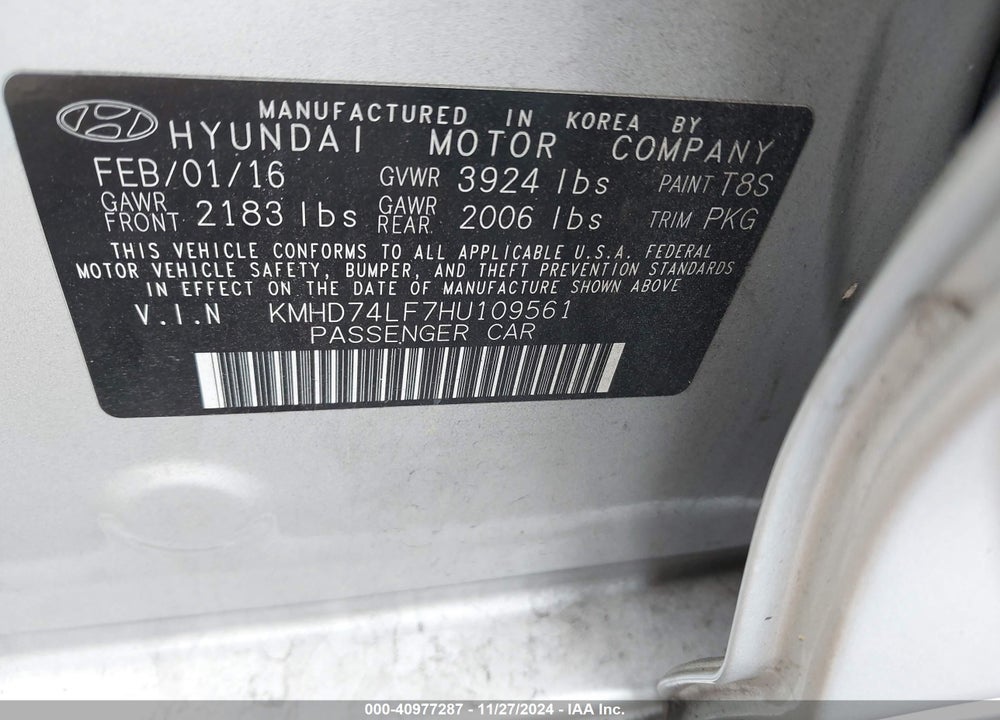 2017 HYUNDAI ELANTRA SE VIN: KMHD74LF7HU109561