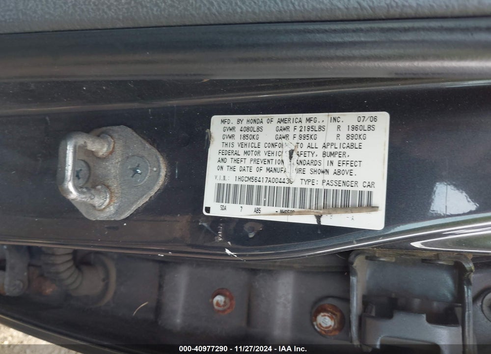 2007 HONDA ACCORD 2.4 LX VIN: 1HGCM56417A004430