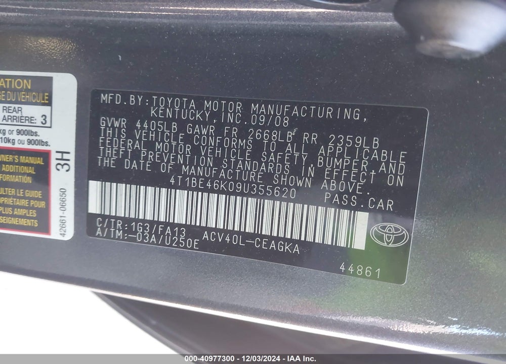 2009 TOYOTA CAMRY XLE VIN: 4T1BE46K09U355620