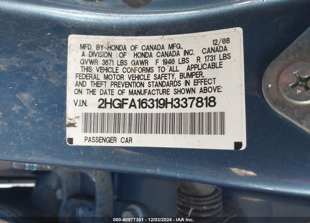 2009 HONDA CIVIC VP VIN: 2HGFA16319H337818