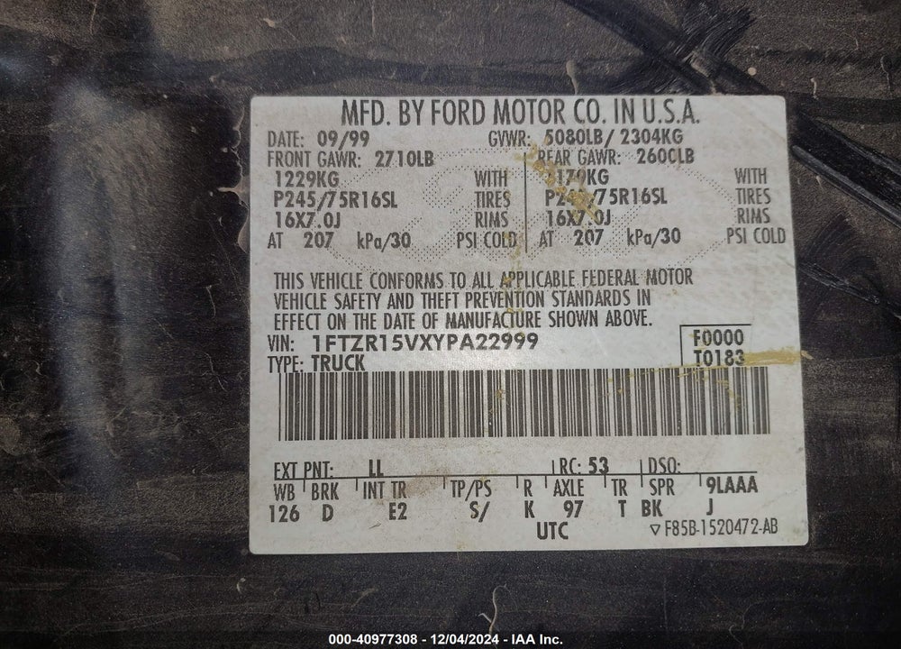 2000 FORD RANGER XL/XLT VIN: 1FTZR15VXYPA22999