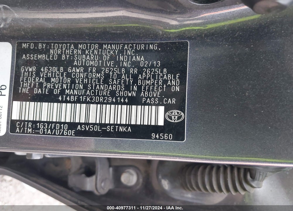 2013 TOYOTA CAMRY VIN: 4T4BF1FK3DR294144