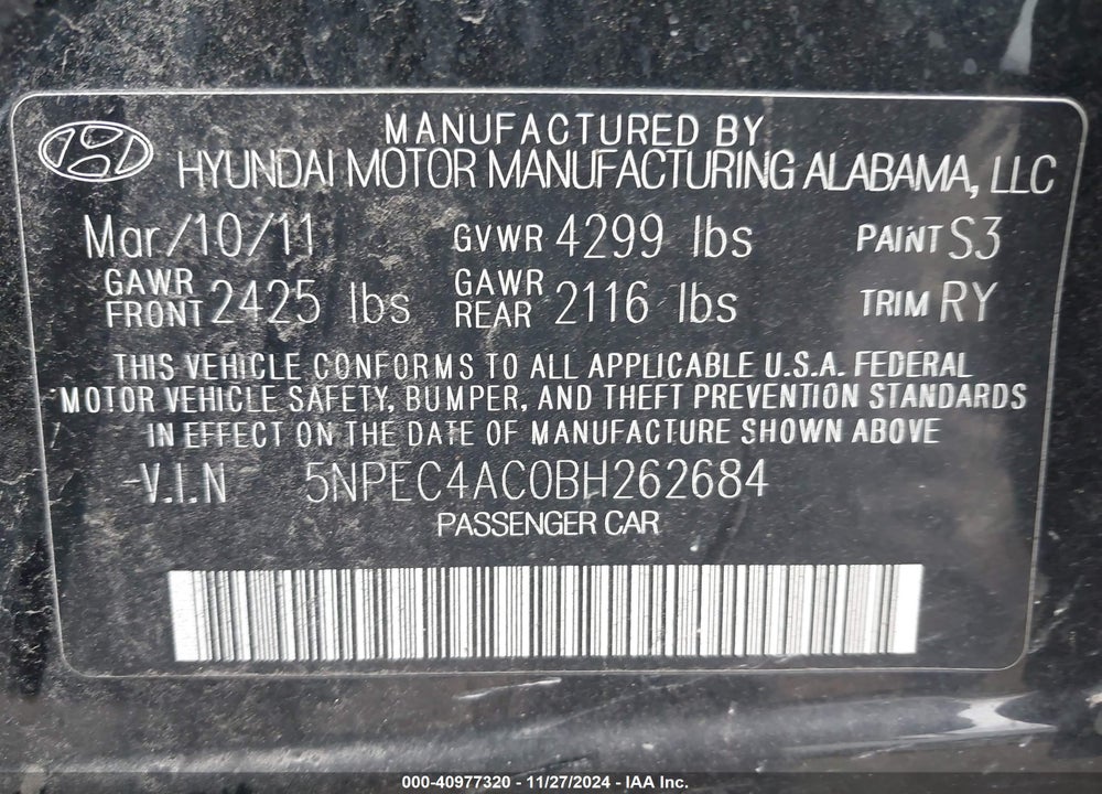 2011 HYUNDAI SONATA SE VIN: 5NPEC4AC0BH262684