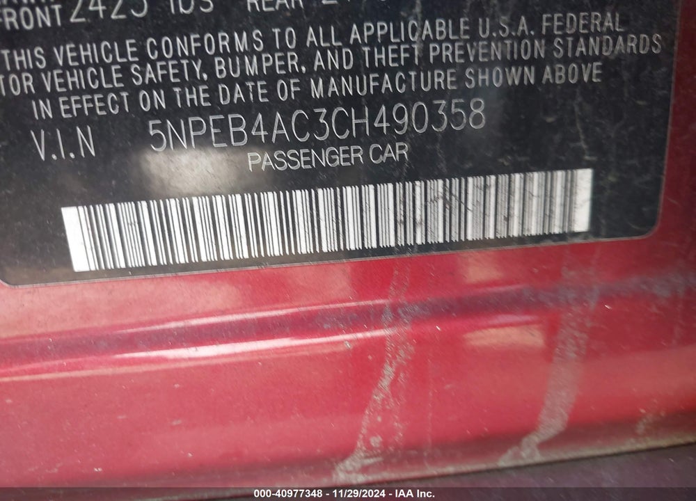 2012 HYUNDAI SONATA VIN: 5NPEB4AC3CH490358