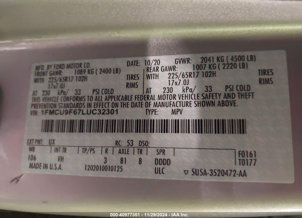 2020 FORD ESCAPE S VIN: 1FMCU9F67LUC32301