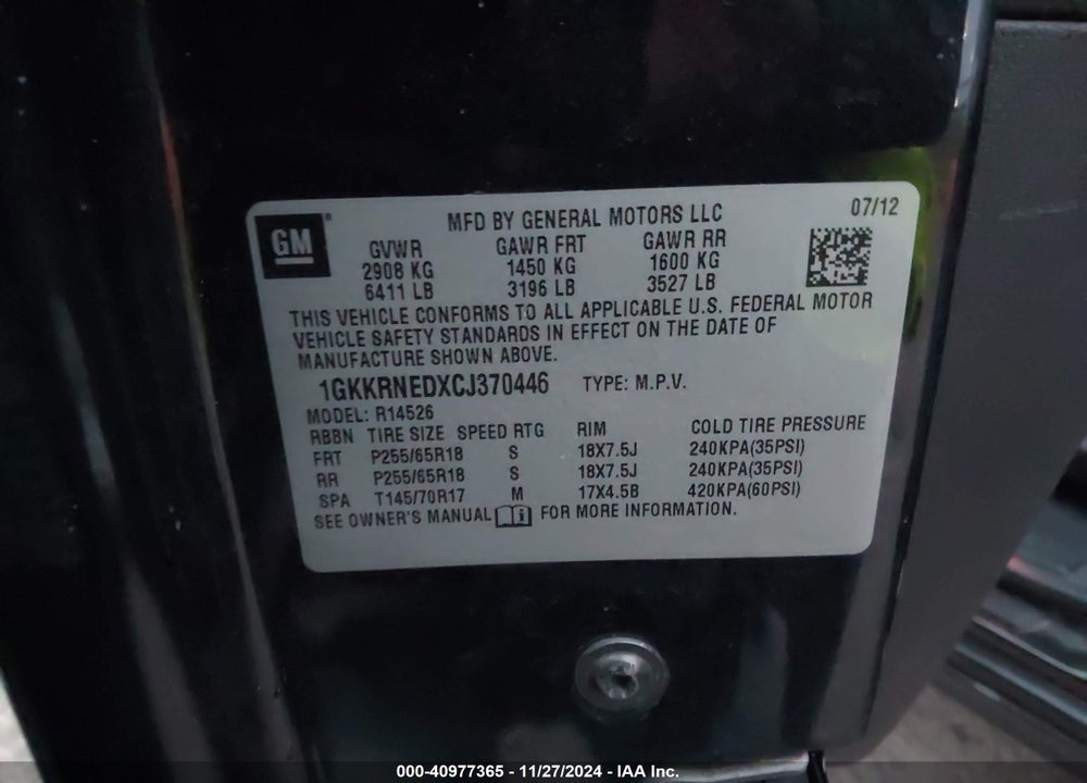 2012 GMC ACADIA SL VIN: 1GKKRNEDXCJ370446
