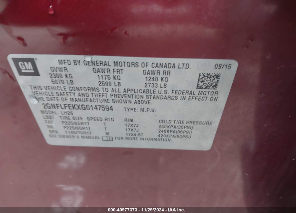 2016 CHEVROLET EQUINOX LT VIN: 2GNFLFEKXG6147594