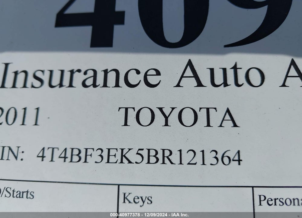 2011 TOYOTA CAMRY LE/SE/XLE VIN: 4T4BF3EK5BR121364