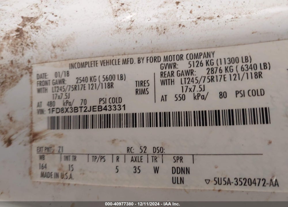 2018 FORD F-350 XL VIN: 1FD8X3BT2JEB43331