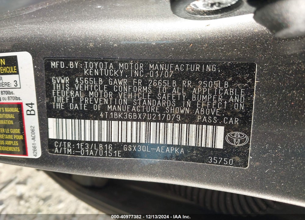 2007 TOYOTA AVALON LIMITED VIN: 4T1BK36BX7U217079