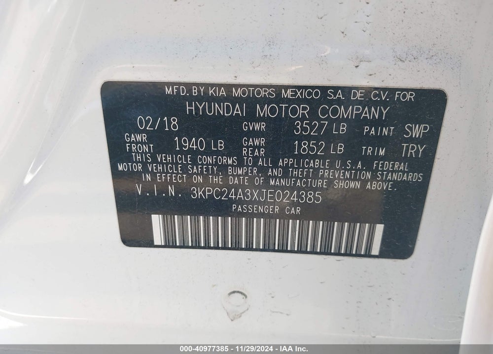 2018 HYUNDAI ACCENT SE VIN: 3KPC24A3XJE024385
