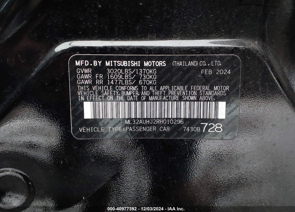 2024 MITSUBISHI MIRAGE ES/LE VIN: ML32AUHJ2RH010296