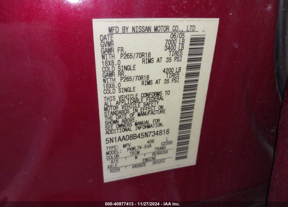 2005 NISSAN ARMADA SE VIN: 5N1AA08B45N734816