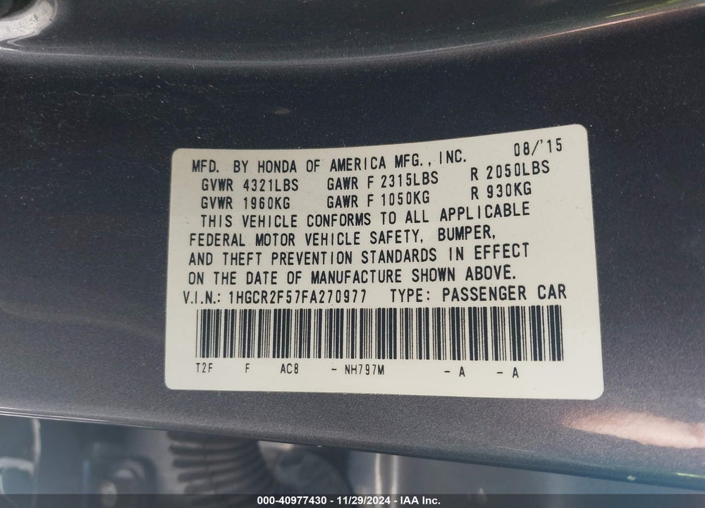 2015 HONDA ACCORD SPORT VIN: 1HGCR2F57FA270977