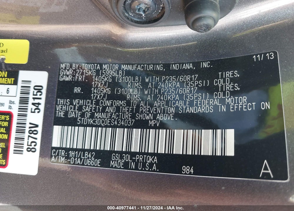 2014 TOYOTA SIENNA XLE LIMITED VIN: 5TDYK3DC0ES434037