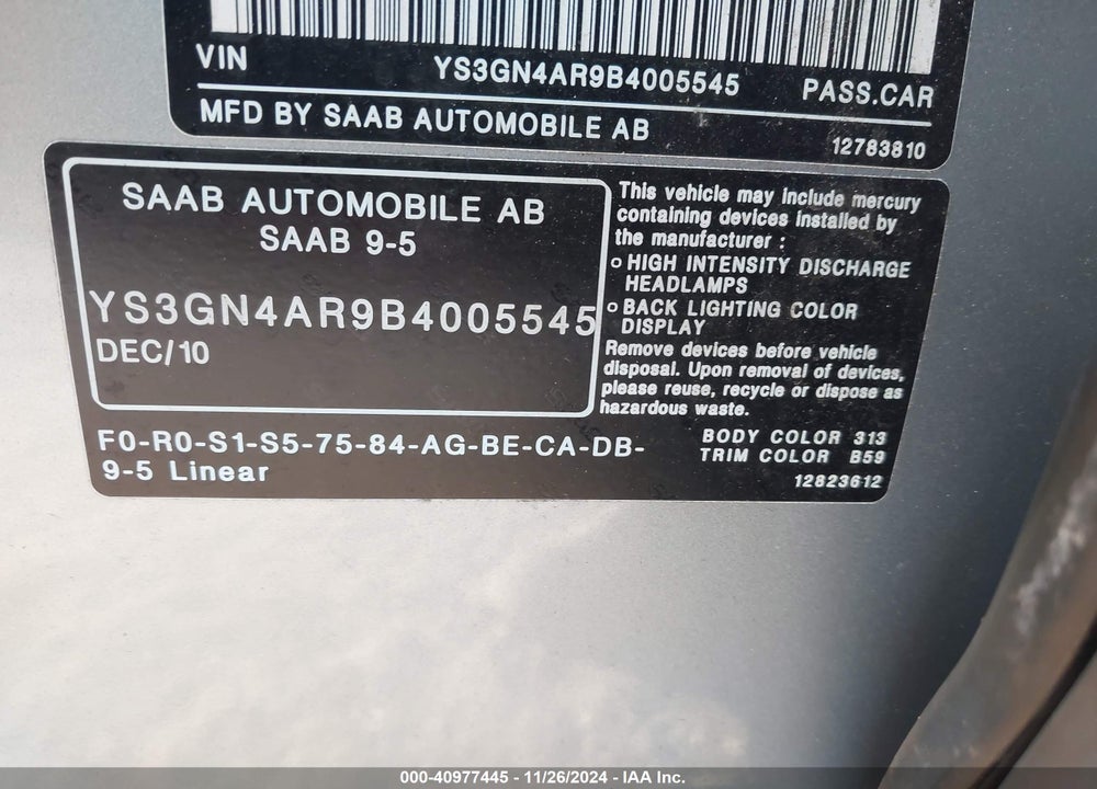 2011 SAAB 9-5 TURBO4/TURBO4 PREMIUM VIN: YS3GN4AR9B4005545
