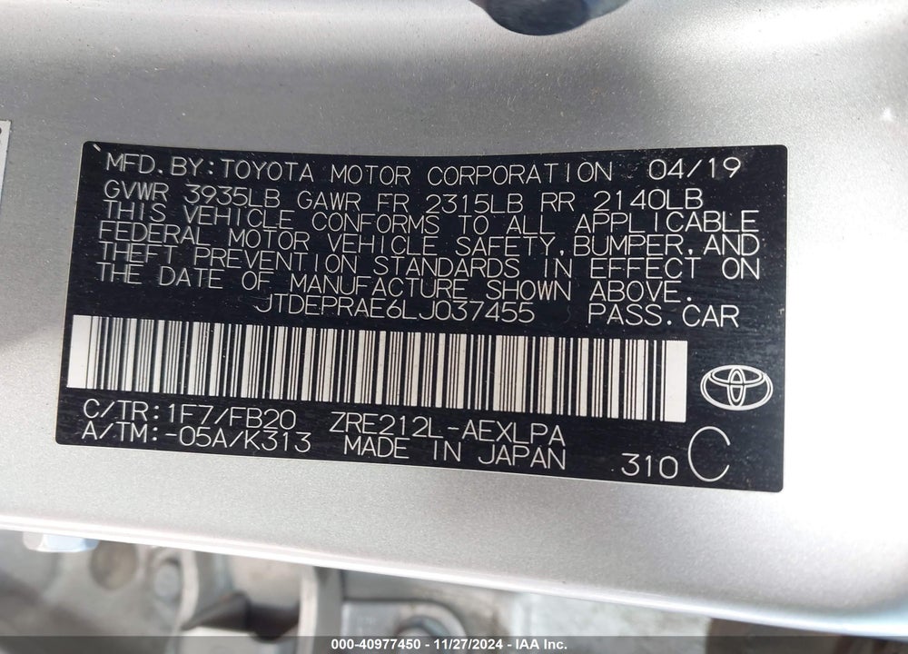 2020 TOYOTA COROLLA VIN: JTDEPRAE6LJ037455