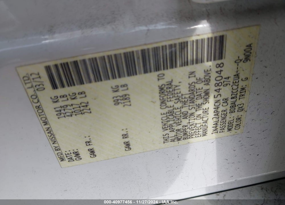2012 NISSAN ALTIMA 2.5 S VIN: 1N4AL2AP4CN548048