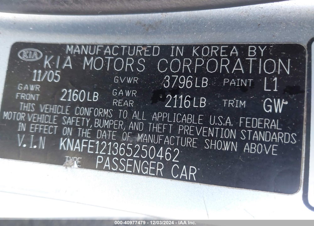 2006 KIA SPECTRA EX/LX/SX VIN: KNAFE121365250462