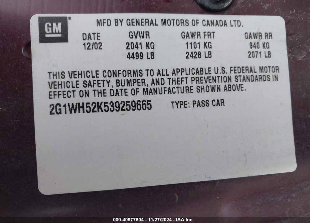 2003 CHEVROLET IMPALA LS VIN: 2G1WH52K539259665