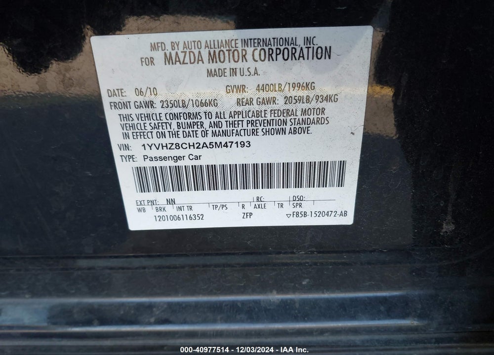 2010 MAZDA 6 I TOURING PLUS VIN: 1YVHZ8CH2A5M47193