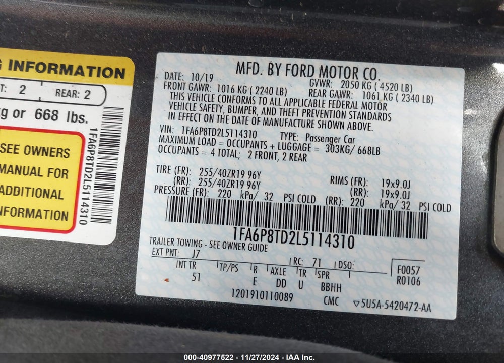 2020 FORD MUSTANG ECOBOOST PREMIUM VIN: 1FA6P8TD2L5114310