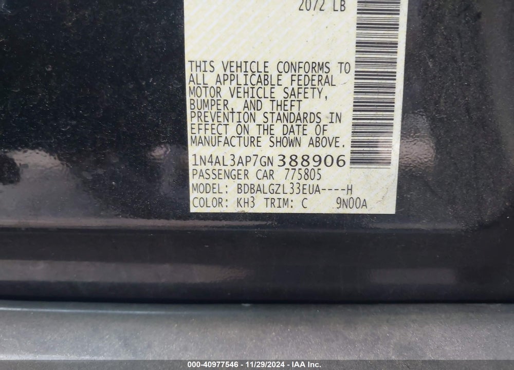 2016 NISSAN ALTIMA 2.5 S VIN: 1N4AL3AP7GN388906