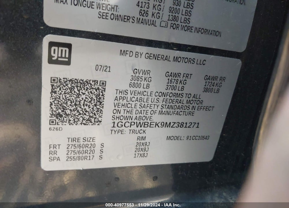 2021 CHEVROLET SILVERADO 1500 2WD SHORT BED CUSTOM VIN: 1GCPWBEK9MZ381271