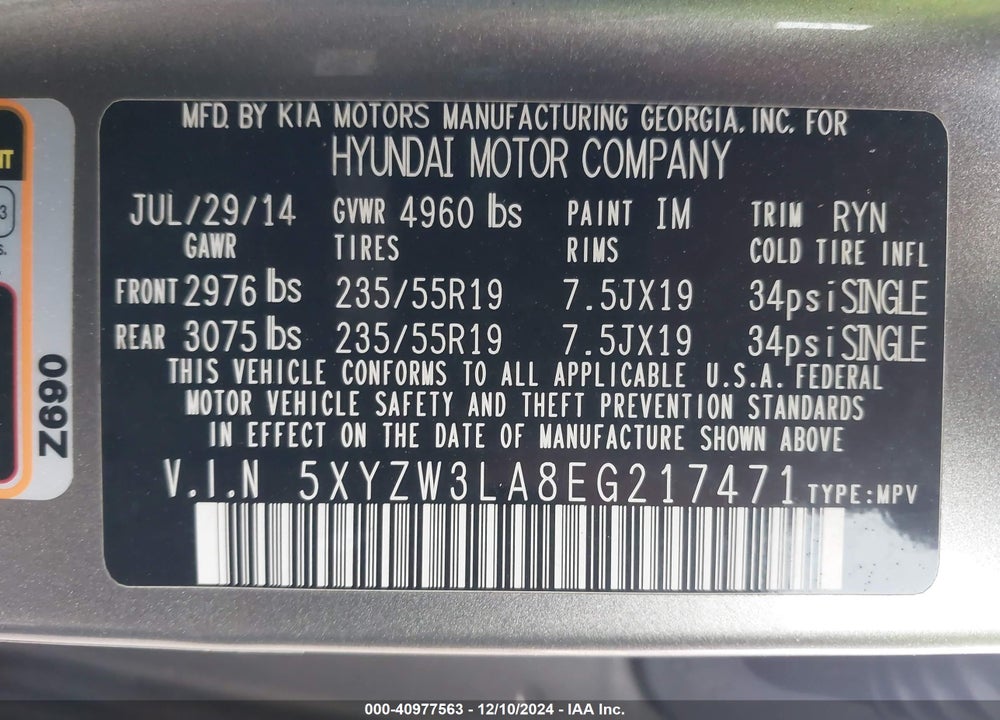 2014 HYUNDAI SANTA FE SPORT 2.0L TURBO VIN: 5XYZW3LA8EG217471