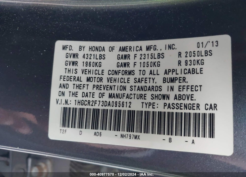 2013 HONDA ACCORD EX VIN: 1HGCR2F73DA095612
