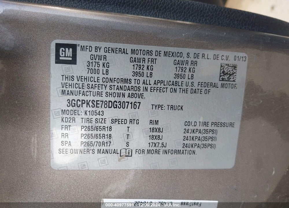 2013 CHEVROLET SILVERADO 1500 LT VIN: 3GCPKSE78DG307167
