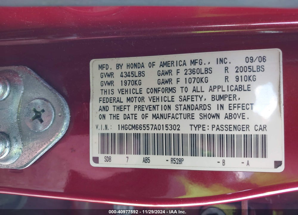 2007 HONDA ACCORD 3.0 EX VIN: 1HGCM66557A015302