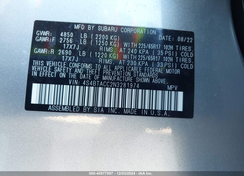 2022 SUBARU OUTBACK PREMIUM VIN: 4S4BTACC2N3281974