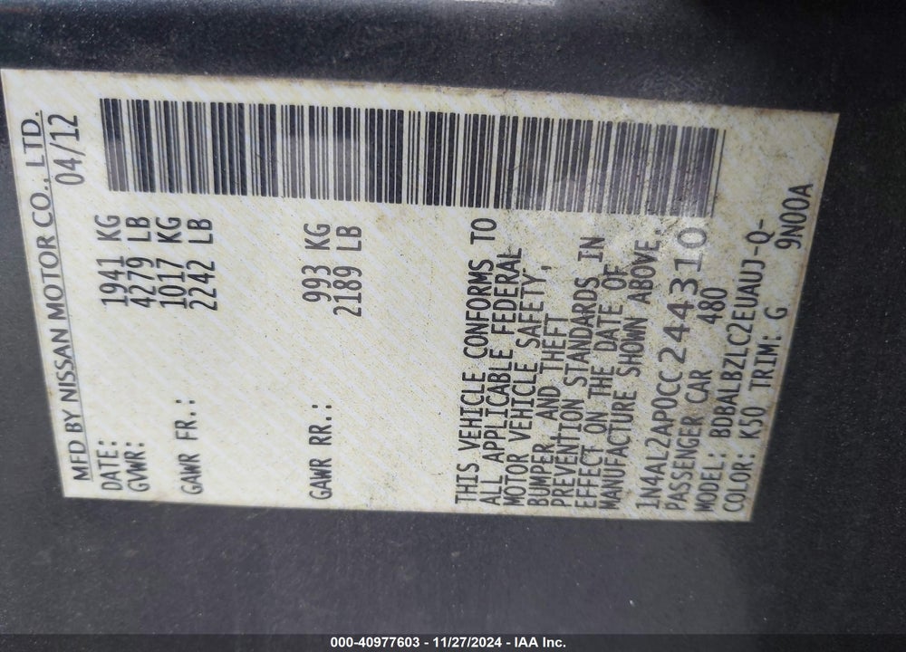 2012 NISSAN ALTIMA 2.5 S VIN: 1N4AL2AP0CC244310