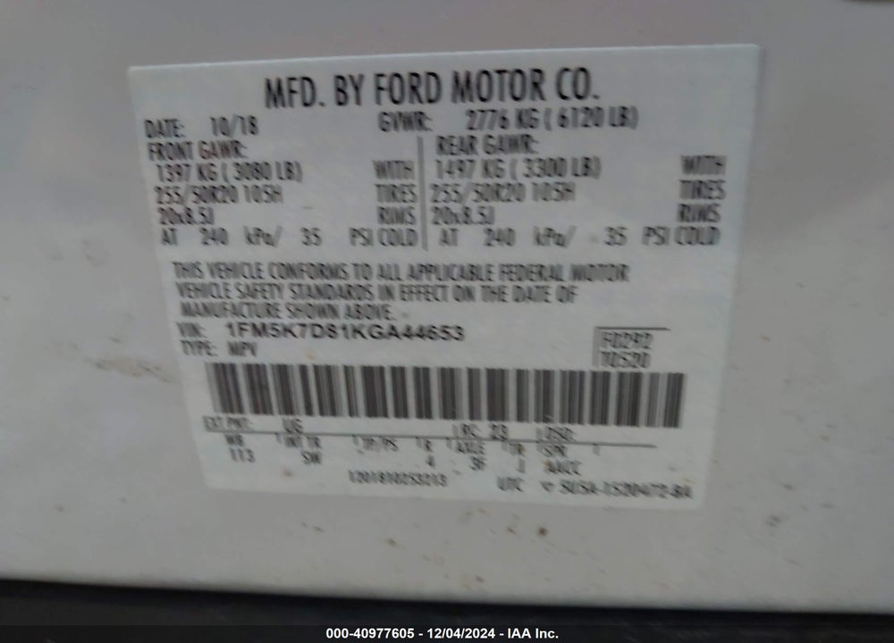 2019 FORD EXPLORER XLT VIN: 1FM5K7D81KGA44653