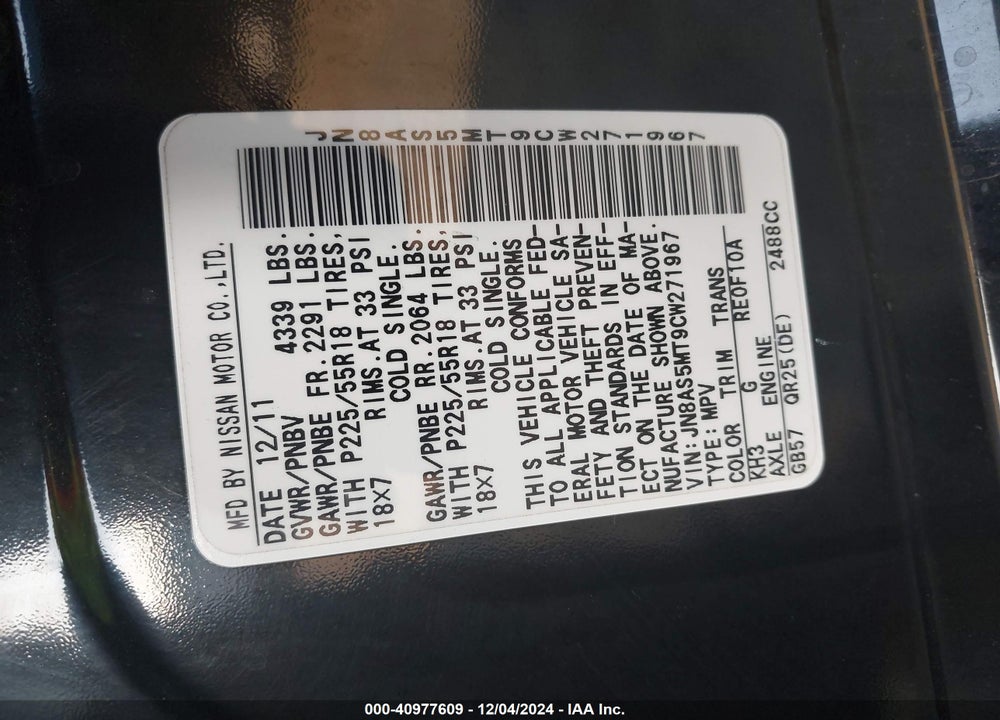 2012 NISSAN ROGUE VIN: JN8AS5MT9CW271967