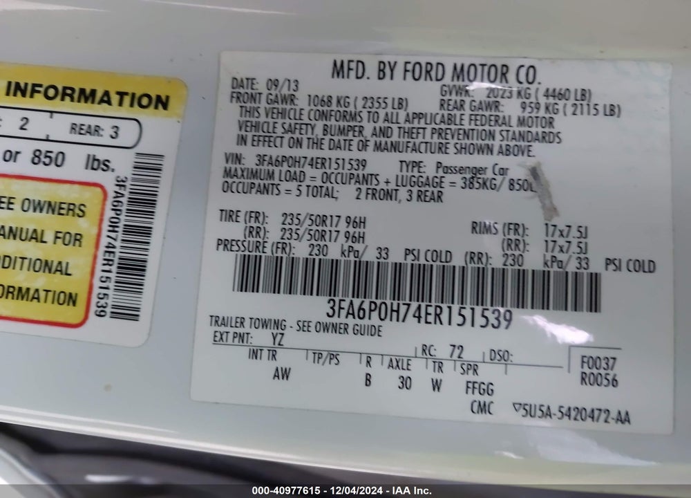 2014 FORD FUSION SE VIN: 3FA6P0H74ER151539